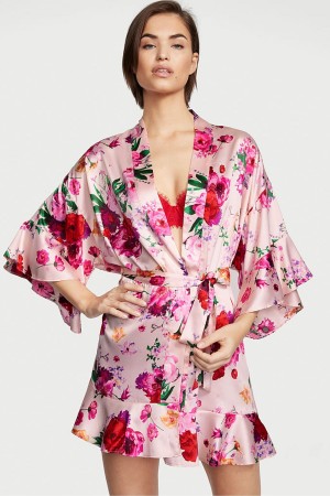 Angel Pink Stripe Victoria's Secret Flounce Satin Robe | 9245JBDGA