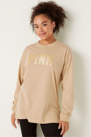 Atomic Pink Sans Logo Victoria's Secret Cotton Long Sleeve Campus T-Shirt | 0694DUGKA