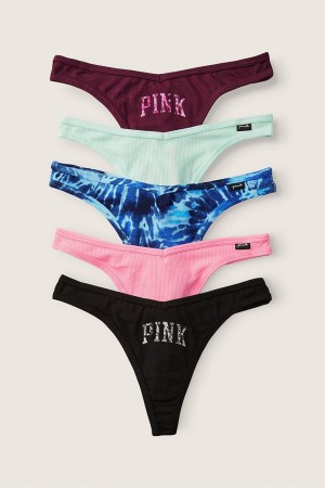 Black/Grey/Blue/Burgundy/Pink Victoria's Secret Stretch Cotton Cotton Thong Knickers 5 Pack | 8014KDAWI