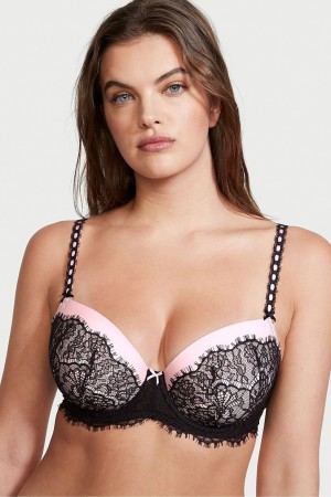 Black And Pink Victoria's Secret Dream Angels Lace Push Up Bra | 6374ACORV