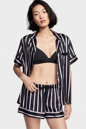 Black Classic Stripe Victoria's Secret Satin Short Pyjamas | 0539AMHYK