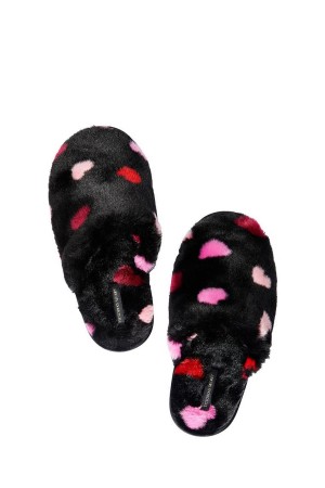 Black Multi Heart Victoria's Secret Closed Toe Faux Fur Slipper | 2190NKHMP