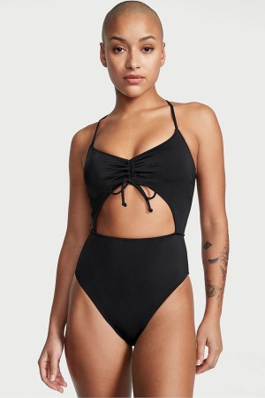 Black Shine Victoria's Secret Ruched Shine Cut Out One Piece Swimsuit | 1238YBAPW