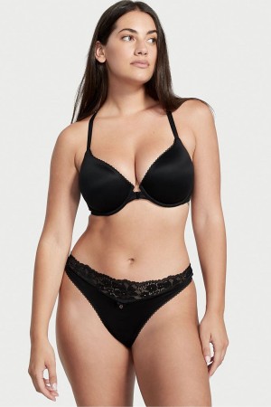 Black Victoria's Secret Body by Victoria Front Fastening Lace Trim Lightly Lined Demi Bra | 8132WYLNG