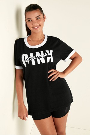 Black Victoria's Secret Cotton Short Sleeve Campus Ringer T-Shirt | 1238FDEWR