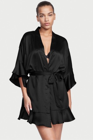 Black Victoria's Secret Flounce Satin Robe | 9583SBOYT