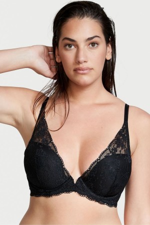 Black Victoria's Secret Love Cloud Lace Half Pad Plunge Bra | 2470GBLMZ