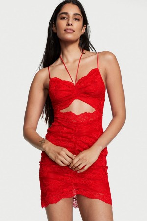 Black Victoria's Secret Luxe Lingerie Ruched Lace Cutout Dress | 4816KZBEU