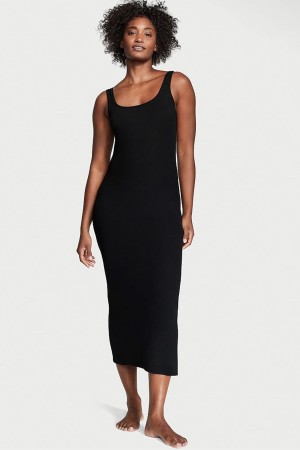 Black Victoria's Secret Modal Ribbed Long Slip Dress | 3950PHGMQ