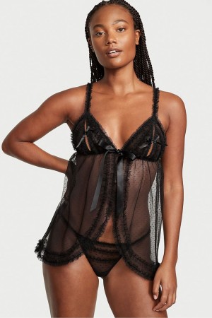 Black Victoria's Secret Ruffle Peekaboo Babydoll | 9102VUQGW