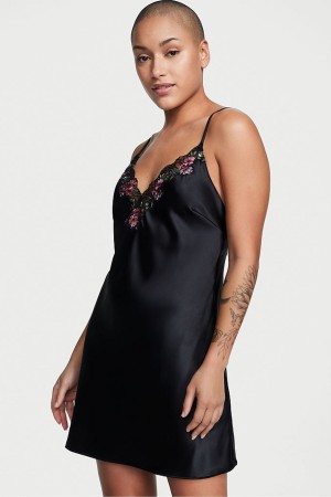 Black Victoria's Secret Satin Embroidered Slip Dress | 3182TDOYC