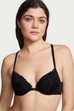 Black Victoria's Secret Sexy Tee Lace Front Fastening Push Up T-Shirt Bra | 1546QACMR