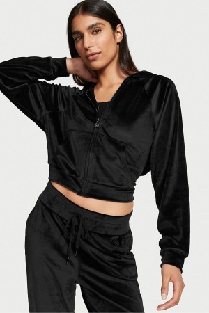 Black Victoria's Secret Velour Lounge Zip Up Hoodie | 3257FJWTS