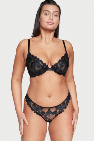 Black Victoria's Secret Very Sexy Embroidered Thong Knickers | 9138TAWPF