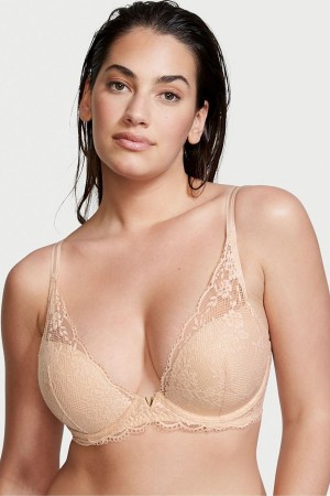 Champagne Nude Victoria's Secret Love Cloud Lace Half Pad Plunge Bra | 2091ROCBV