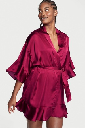 Claret Red Victoria's Secret Flounce Satin Robe | 8145JLKIB