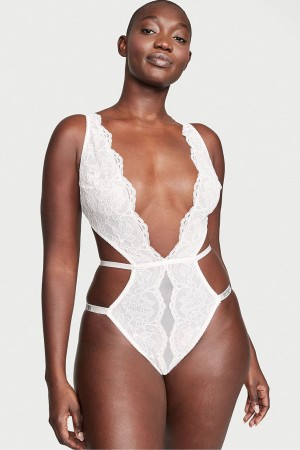 Coconut White Victoria's Secret Shine Strap Plunge Lace Bodysuit | 1483MTUCQ