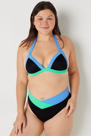 Cornflower Blue Colour Block Victoria's Secret Push Up Triangle Halterneck Bikini Top | 5697SKYZP