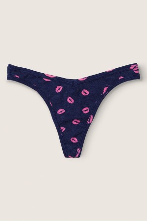 Ensign Lips Print Blue Victoria's Secret Stretch Cotton Cotton Thong Knickers | 0647YRVOP