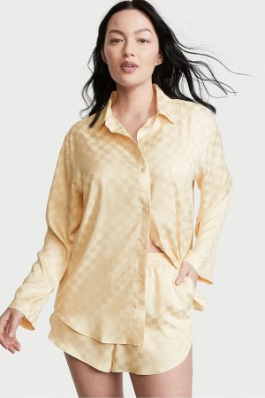 Faded Wheat Yellow Check Victoria's Secret Satin Long Sleeve Short Pyjamas | 3560TWBVX