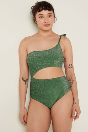 Forest Pine Green Victoria's Secret Shimmer One Shoulder Swimsuit | 4280RKFNJ