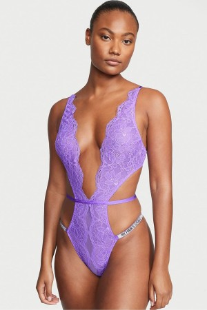 Fuschia Frenzy Pink Victoria's Secret Very Sexy Shine Strap Lace Crotchless Bodysuit | 9345SJREF