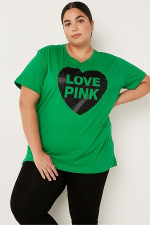 Green Victoria's Secret Cotton Short Sleeve Campus T-Shirt | 3907GTXDZ