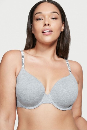 Grey Victoria's Secret The T-Shirt Push Up Logo Strap Bra | 8014VHAMC