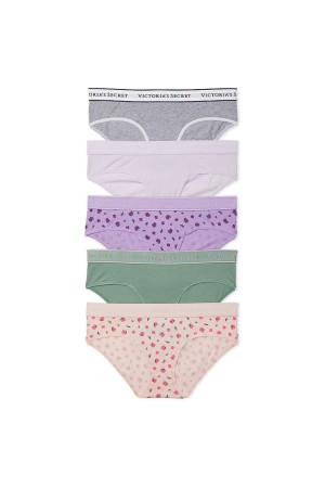 Grey/ White/ Purple/ Green/ Pink Victoria's Secret Stretch Cotton Logo Hipster Knickers 5 Pack | 0852XIDWE