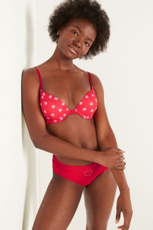 Heart Print Red Victoria's Secret Wear Everywhere Front Fastening Push Up T-Shirt Bra | 4306MHQNF