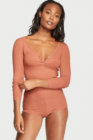 Light Brown Victoria's Secret Ribbed Modal Short Pyjamas | 4639NJRPD