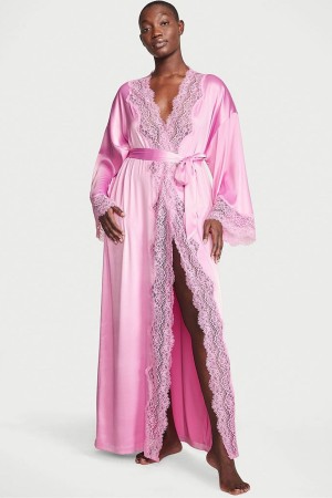 Lilac Chiffon Pink Victoria's Secret Lace Trim Satin Long Robe | 3185NVZUA