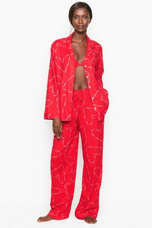 Lipstick Red Script Hearts Victoria's Secret Flannel Long Pyjamas | 3249OPFIN