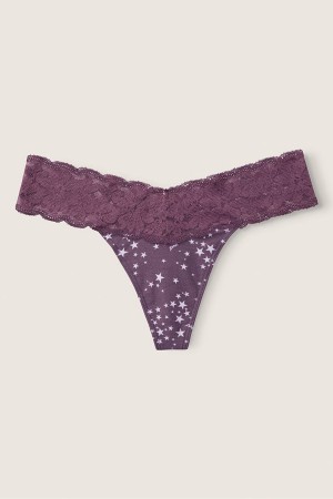 Mauve Quartz Stars Victoria's Secret No-Show Everyday Lace Trim Thong Knickers | 0239GQWXB