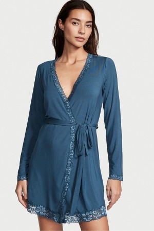 Midnight Sea Blue Victoria's Secret Modal Lace Trim Robe | 6597DHQWF