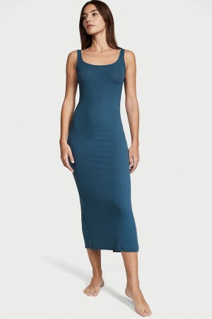 Midnight Sea Blue Victoria's Secret Modal Ribbed Long Slip Dress | 3201EMZSD