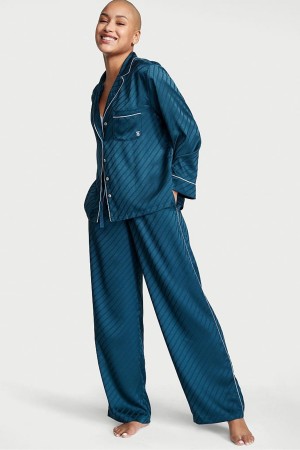 Midnight Sea Blue Victoria's Secret Satin Long Pyjamas | 6098KSEXJ