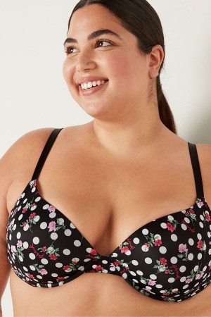 Pure Black Floral Dot Black Victoria's Secret Wear Everywhere Wear Everywhere Smooth Push Up T-Shirt Bra | 4903QLJRX