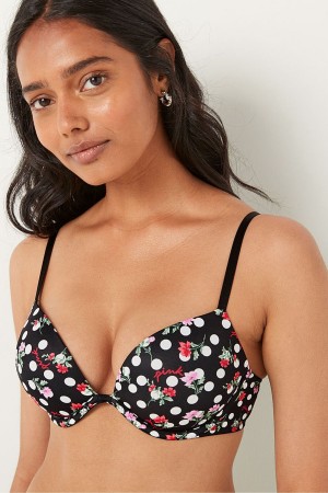 Pure Black Floral Dot Victoria's Secret Wear Everywhere Smooth Non Wired Push Up T-Shirt Bra | 2158TLIGM