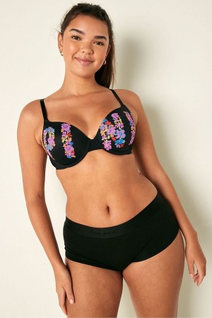 Pure Black Floral Logo Victoria's Secret Wear Everywhere Smooth Lightly Lined T-Shirt Bra | 0813IRBHJ