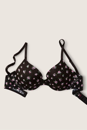 Pure Black Floral Victoria's Secret Wear Everywhere Lace Lightly Lined T-Shirt Bra | 1285DJLAE