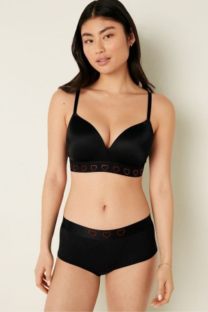 Pure Black Heart Shine Victoria's Secret Wear Everywhere Smooth Non Wired Push Up T-Shirt Bra | 4780QCFGA