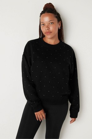 Pure Black Pin Dots Victoria's Secret Fleece Long Sleeve Sweatshirt | 7026OUJXD