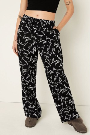 Pure Black Script Logo Victoria's Secret Flannel Pyjama Bottoms | 3190EWMFI