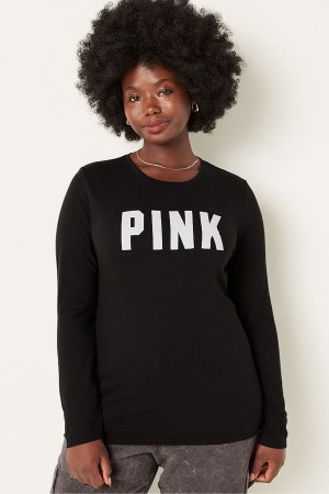 Pure Black Victoria's Secret Everyday Long Sleeve Crew Tee | 7125YGJHR