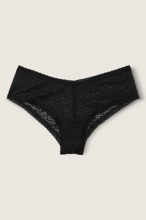 Pure Black Victoria's Secret Lace Logo Cheeky Knickers | 0847QCWBN