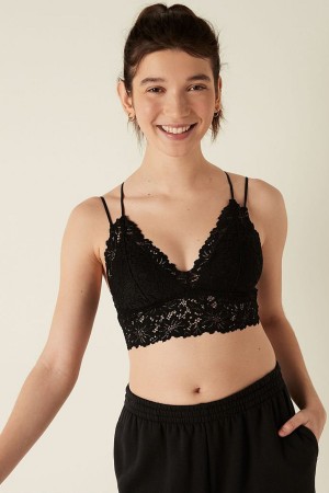 Pure Black Victoria's Secret Lace Strappy Back Longline Bralette | 5243UFLRM