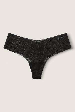 Pure Black Victoria's Secret No-Show No Show Thong Lace Knickers | 1764SEMRG