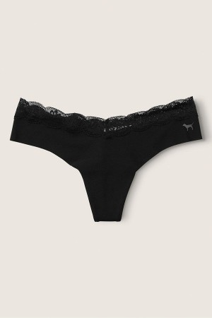 Pure Black Victoria's Secret No-Show No Show Lace Trim Thong Knickers | 4365SZINF