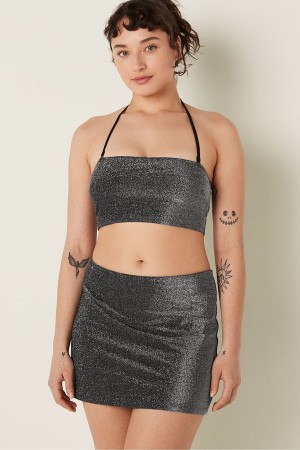 Pure Black Victoria's Secret Shimmer High Waist Mini Swim Skirt | 2164CFWPM